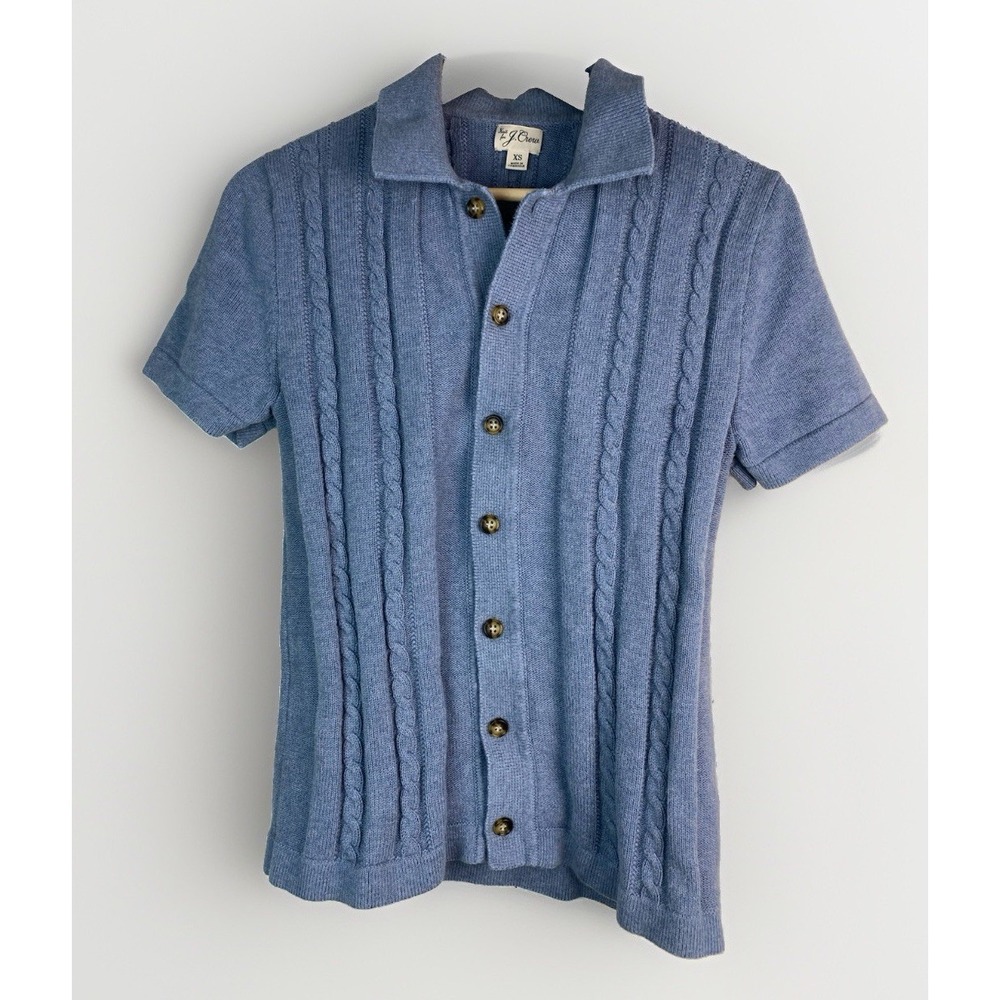 J. Crew Women's XS Blue Short Sleeve Collared Cable Knit Button Up Sweater